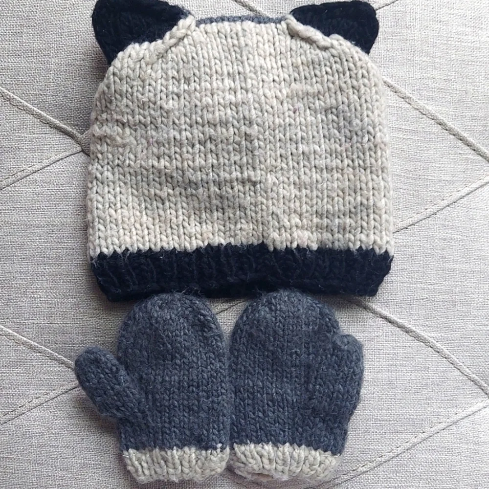 Toddler Bear ears Beanie Hat and Mitten Set - cream gray - size 3-6